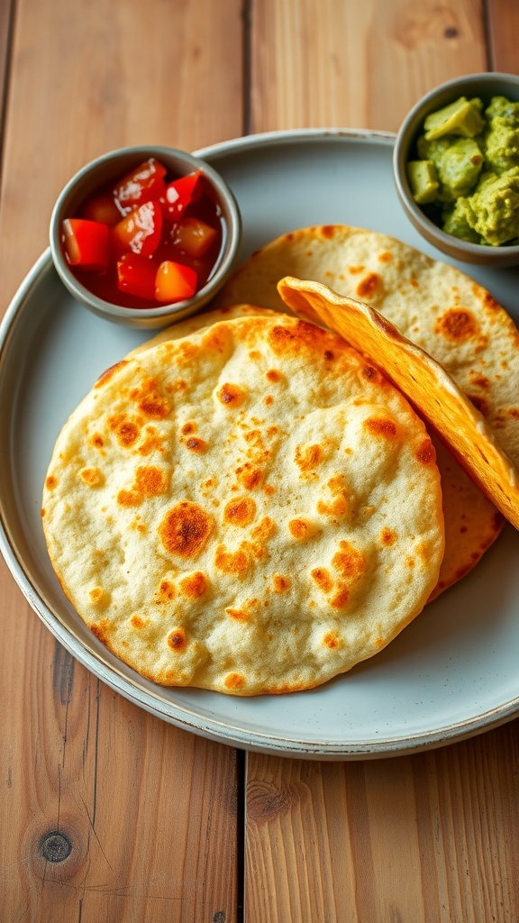 Oven-Baked Tortillas Recipe Crispy oven-baked tortillas served with salsa and guacamole on a rustic table.